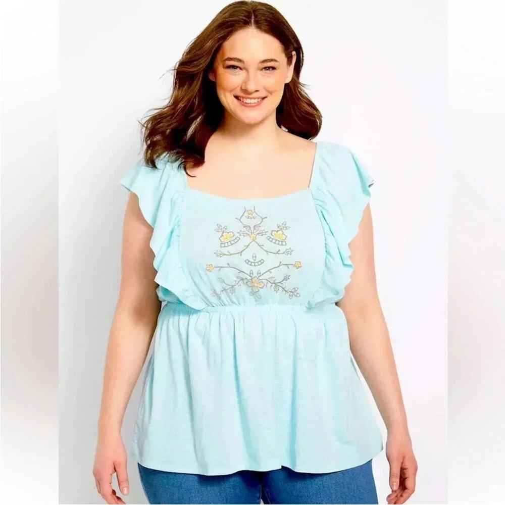 Lane Bryant Women tunic Ruffle sleeve Square Neck embroidered bohemian plus size